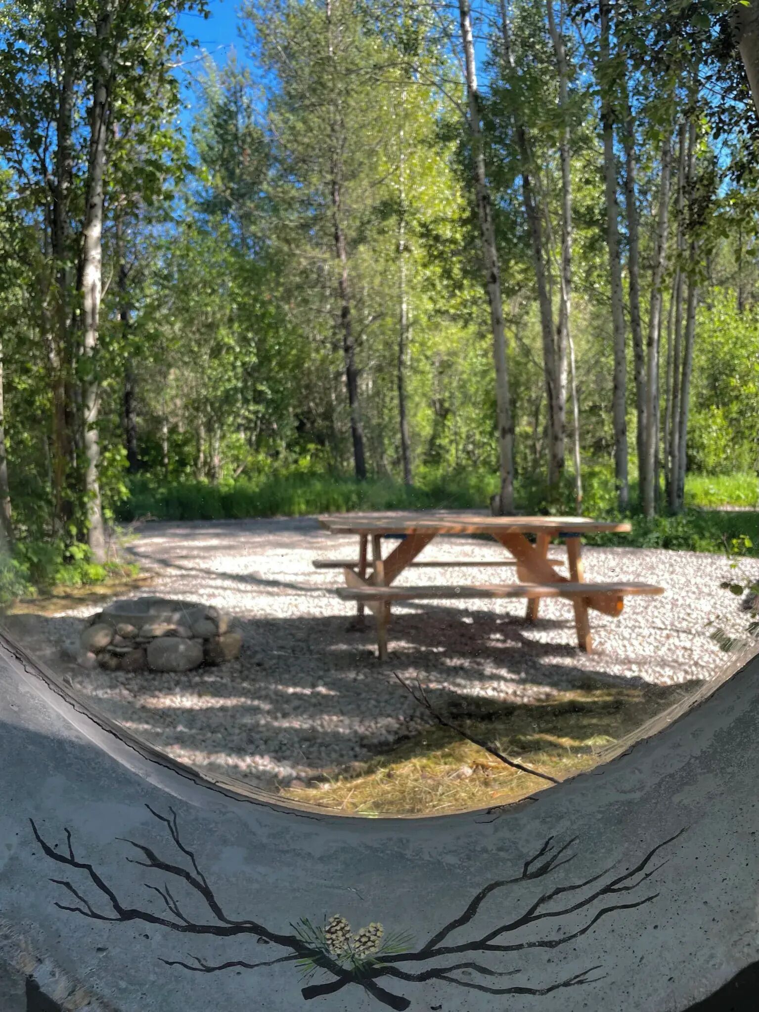 Ein Picknicktisch in bewaldeter Landschaft mit Kiesboden.