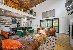 Smart TV, fireplace, foosball