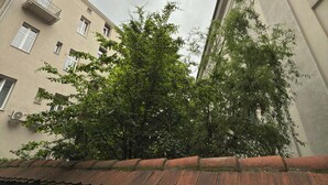 Blick auf ein Gebäude mit einem Ziegeldach, einem Balkon mit Metallgeländer und einem Baum im Vordergrund.
