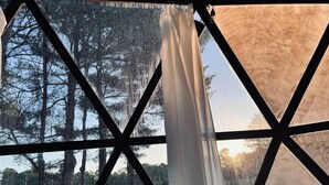 Ein Fenster mit geometrischer Umrandung, einem weißen Vorhang und Blick auf Bäume und ein Feld.