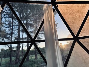 A window with a geometric frame, a white curtain, and a view of trees and a field.
