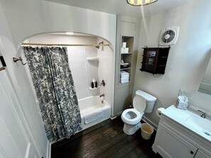 Hair dryer, towels, soap, toilet paper