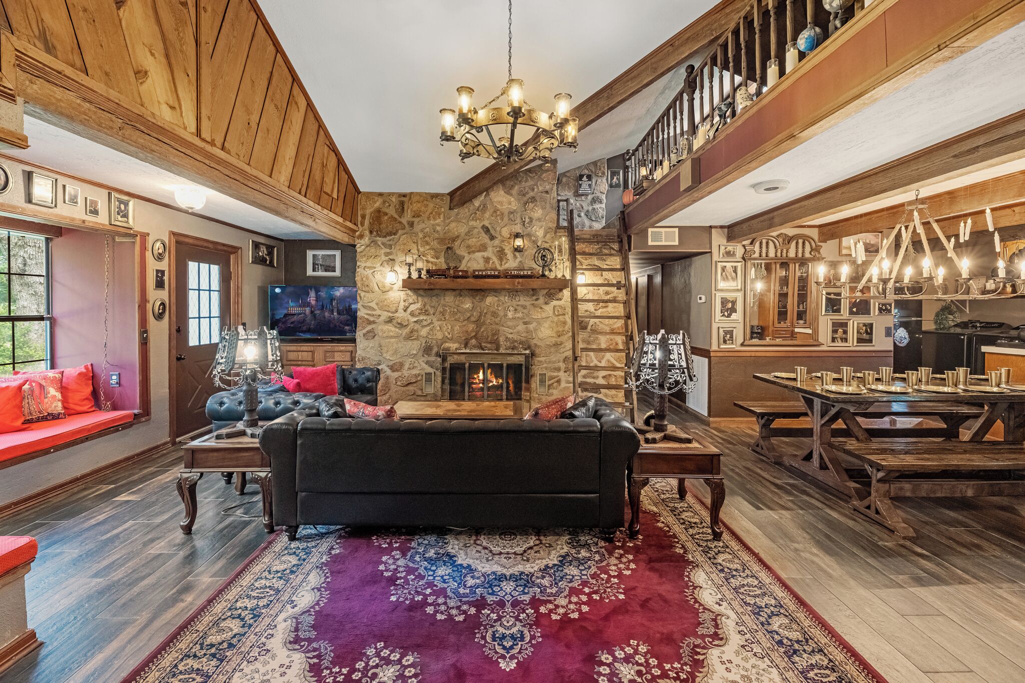 Smart TV, fireplace, books