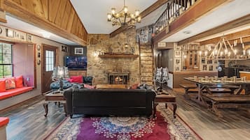 Smart TV, fireplace, books
