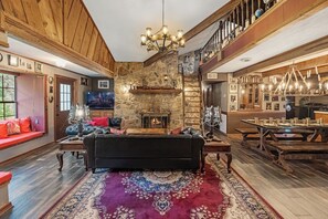 Smart TV, fireplace, books
