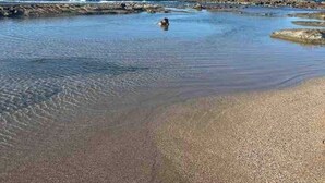 Ein Strand mit klarem, flachem Wasser, einem Felsen und Blick auf das Meer.
