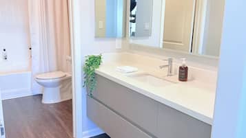 Hair dryer, towels, soap, shampoo