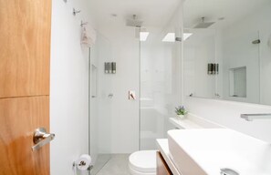 Douche, sèche-cheveux, serviettes fournies, savon