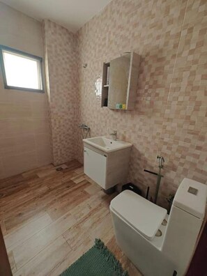 Douche, serviettes fournies, savon, papier toilette