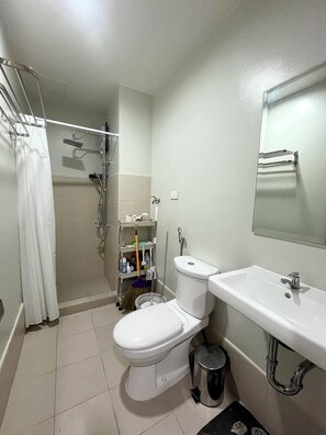 Shower, bidet, towels, toilet paper