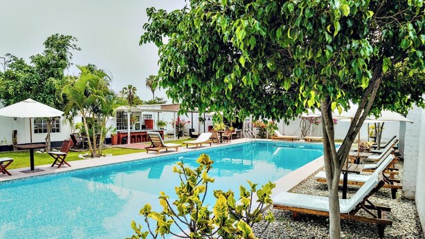 Una piscina con sillas de descanso y sombrillas, rodeada de vegetación y un edificio con terraza.