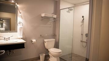 Standard Room, 2 Queen Beds, Roll-in Shower, Non Smoking | Bathroom | Shower, hair dryer, towels, soap