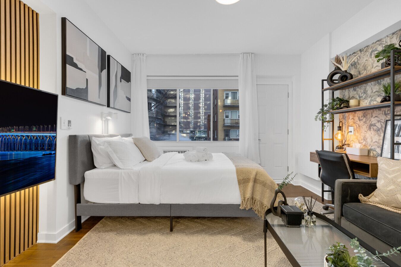 1 bedroom, desk, iron/ironing board, travel cot