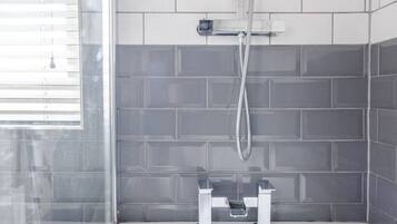 Hair dryer, towels, soap, shampoo