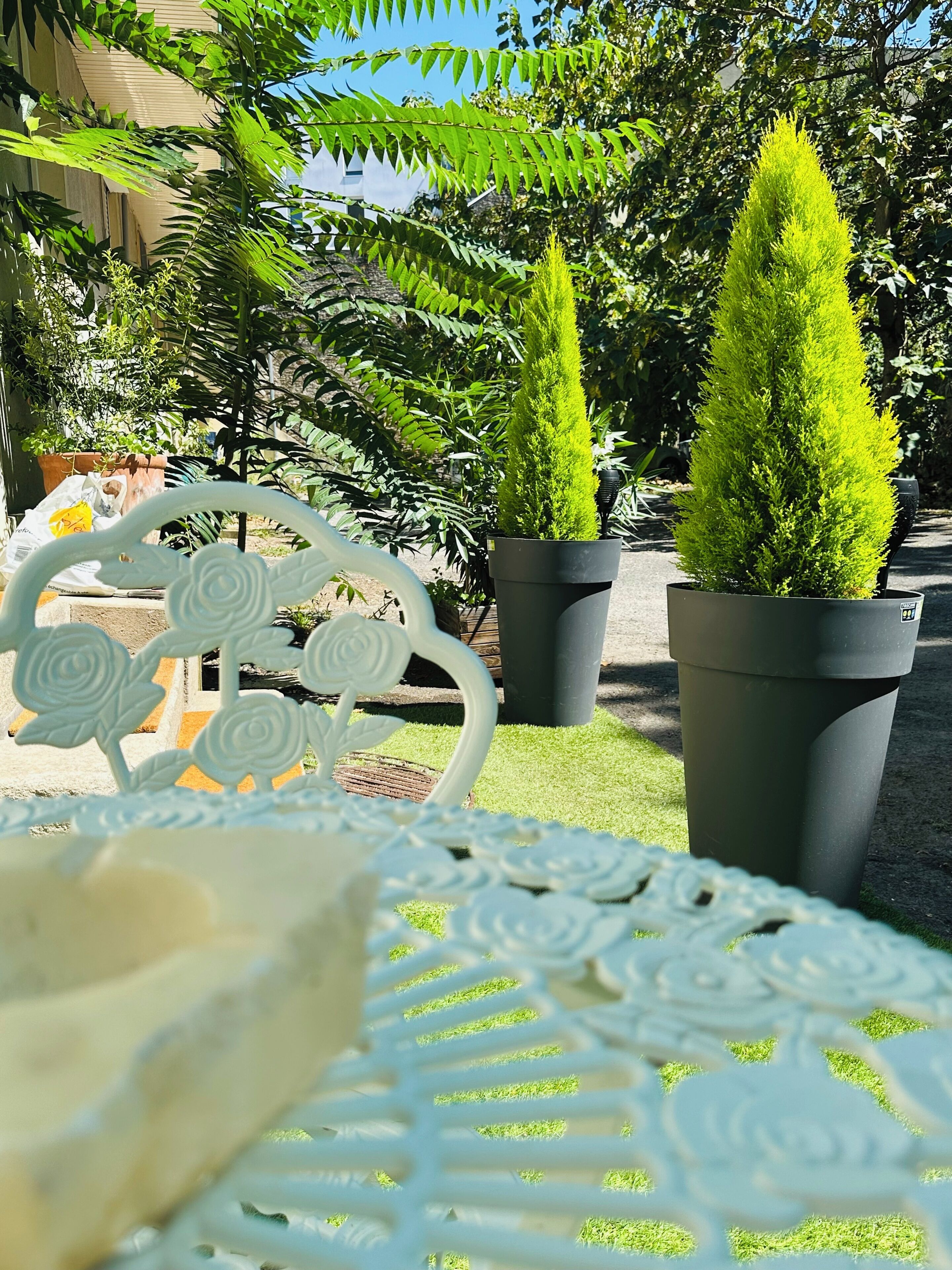 A garden area with a white metal table and chairs, surrounded by potted plants and a variety of greenery.