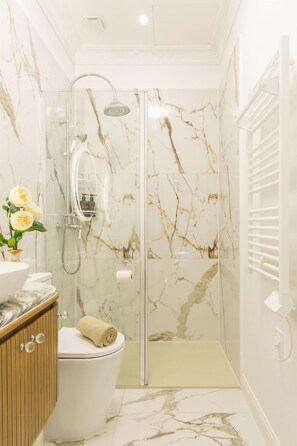 Hair dryer, towels, soap, shampoo