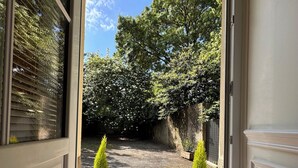 Une porte-fenêtre donnant sur un jardin avec une allée dallée, deux plantes en pot et un mur surmonté d’une clôture.