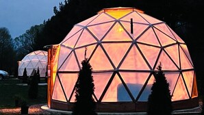 A geodesic dome structure with a central light source, surrounded by trees.