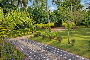 A paved pathway leading through a lush garden with various plants and trees. - Nature Surf Villas (Dikwella)