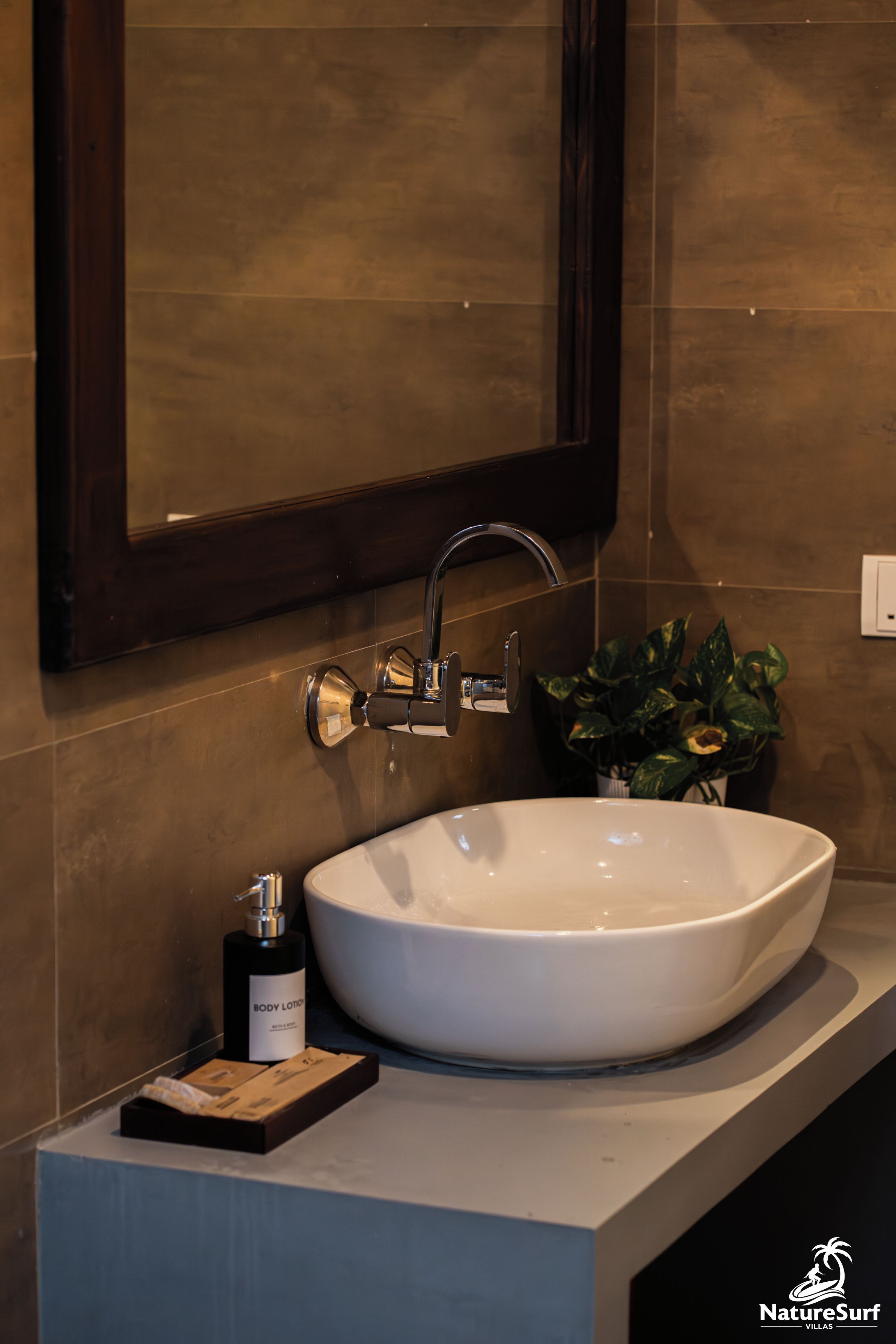 A bathroom with a large white sink, a mirror, and a potted plant.
