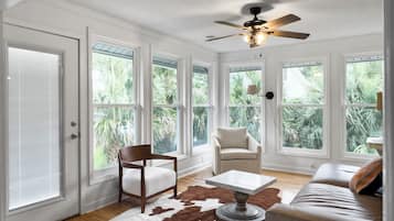 Smart TV, fireplace, table tennis, books