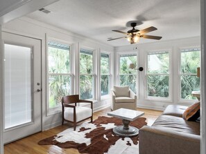 Smart TV, fireplace, table tennis, books