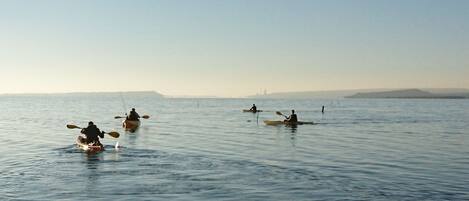 A calm sea with kayaks and a distant shoreline.