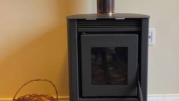 A black wood-burning stove with a glass door, a basket of firewood, and a patterned floor.