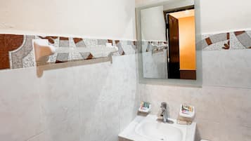 Chuveiro, secador de cabelo, sabonete, papel higiênico
