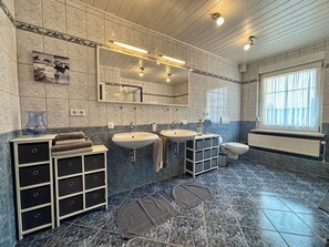 Hair dryer, towels, toilet paper