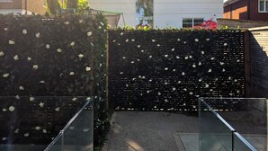Un edificio moderno con fachada de vidrio, una pared de piedra con flores blancas y una barandilla de metal.