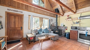 Una sala de estar acogedora con chimenea, vigas de madera, un sofá y una zona de cocina.