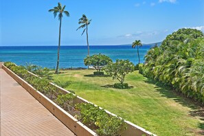 A coastal view with palm trees and a grassy area. - Ocean Breeze at Jazz -Cozy 2BR/2BA, View, Pool, AC, Beach Access &Top Location (Lahaina)