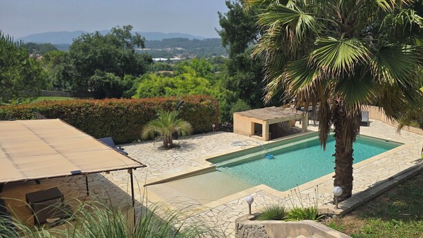 Piscina con cubierta de piedra, rodeada de palmeras y follaje, con vista a colinas distantes.