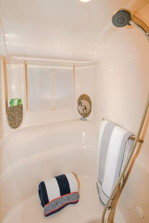 Shower, towels, soap, toilet paper