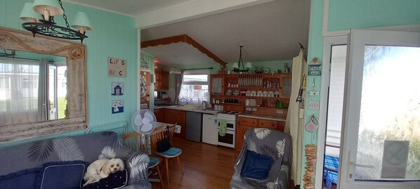 Ein gemütliches Wohnzimmer mit einer Couch, einem Ventilator und einem kleinen Hund. Im Hintergrund ist eine Küche mit Holzausbau und einem Essbereich zu sehen.