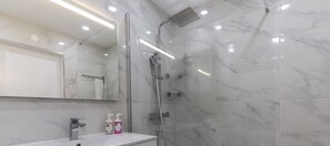 Shower, hair dryer, towels, soap