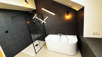 Shower, hair dryer, bidet, towels