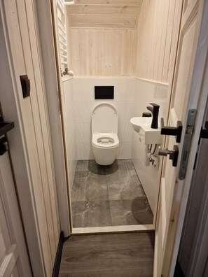 Shower, towels, soap, toilet paper