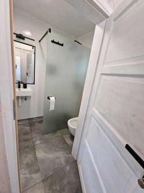 Shower, towels, soap, toilet paper