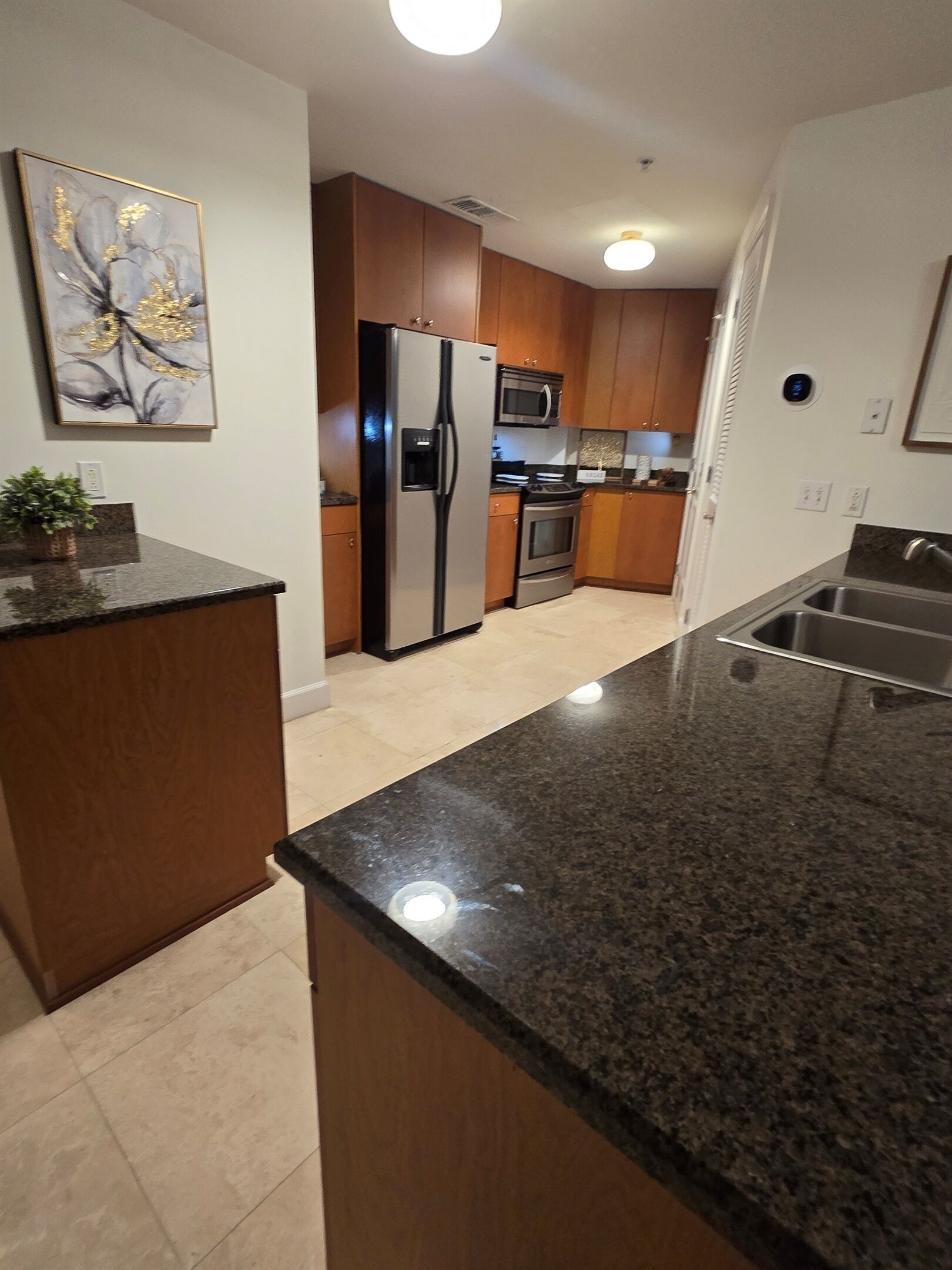Una cocina moderna con encimeras de granito, electrodomésticos de acero inoxidable y armarios de madera.