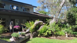 Una casa con un jardín bien cuidado, que incluye un árbol grande, diversas plantas en macetas y un camino de piedra.