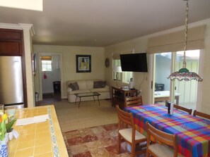 Smart TV, fireplace, DVD player, books