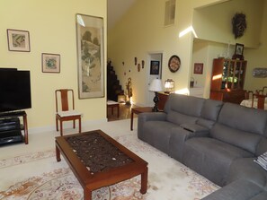 Smart TV, fireplace, DVD player, books