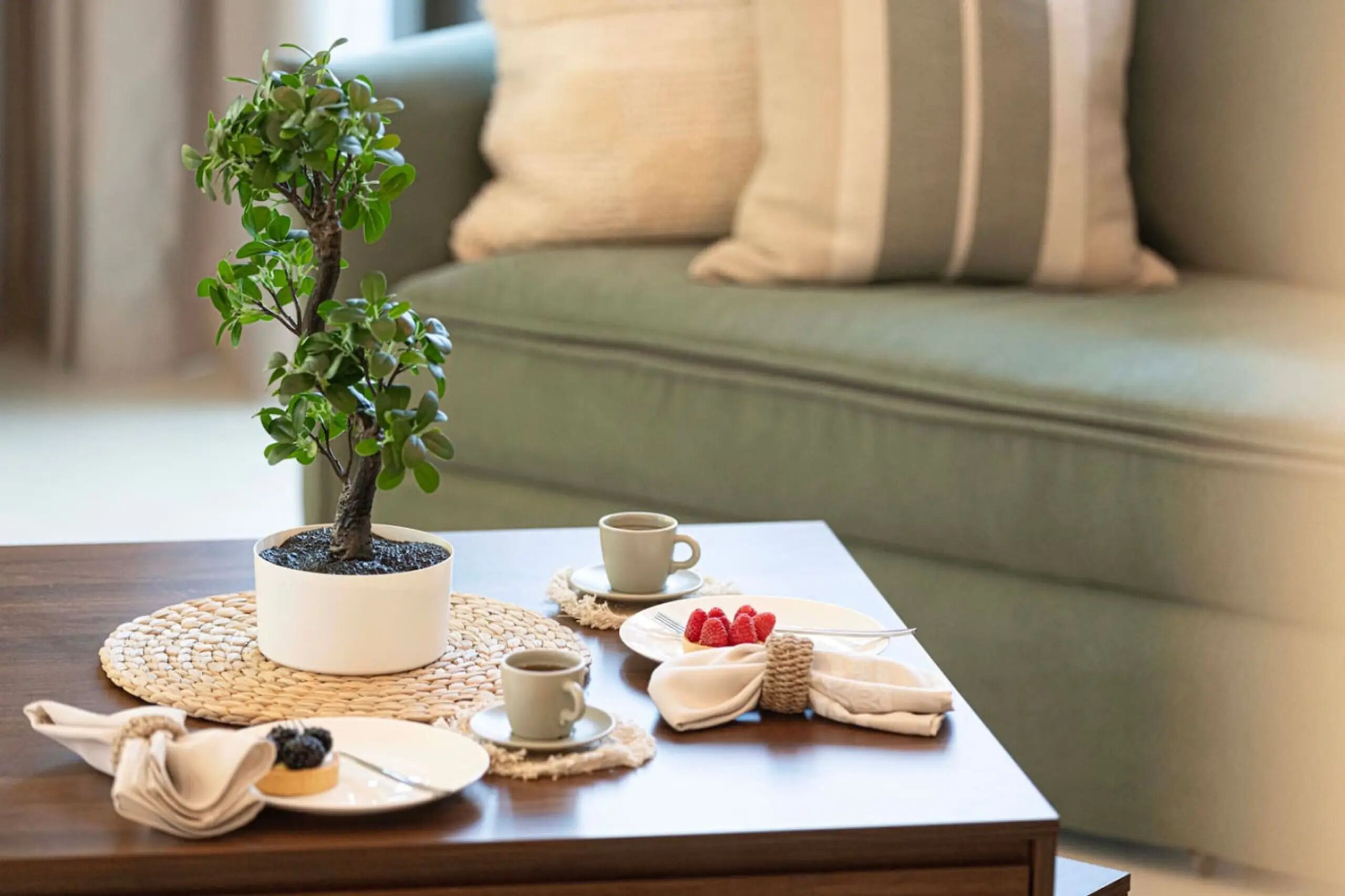 Une table à manger bien dressée, avec une plante en pot, une tasse de café, une assiette de fruits rouges et un petit dessert.