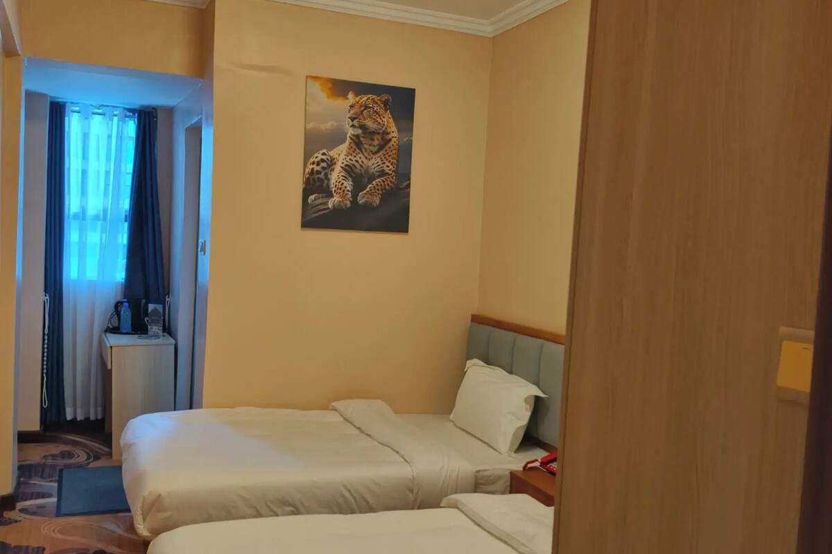 Habitación de hotel con dos camas, un aplique de techo, un cuadro de un leopardo y un armario de madera.