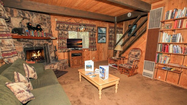 A cozy living room with a fireplace, a bookshelf, a green sofa, and a chair. - Cardinal Ridge (Big Bear City)