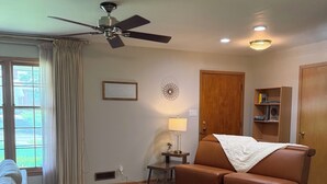 Una sala de estar con ventilador de techo, un sofá de cuero marrón, un tapete mullido negro, una lámpara y una estantería.