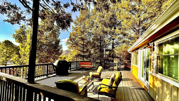 Eine Holzterrasse mit Sitzgelegenheiten im Freien, einem Grill und Blick auf Bäume und ein Gebäude.