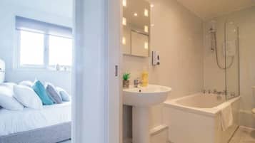 Shower, hair dryer, shampoo